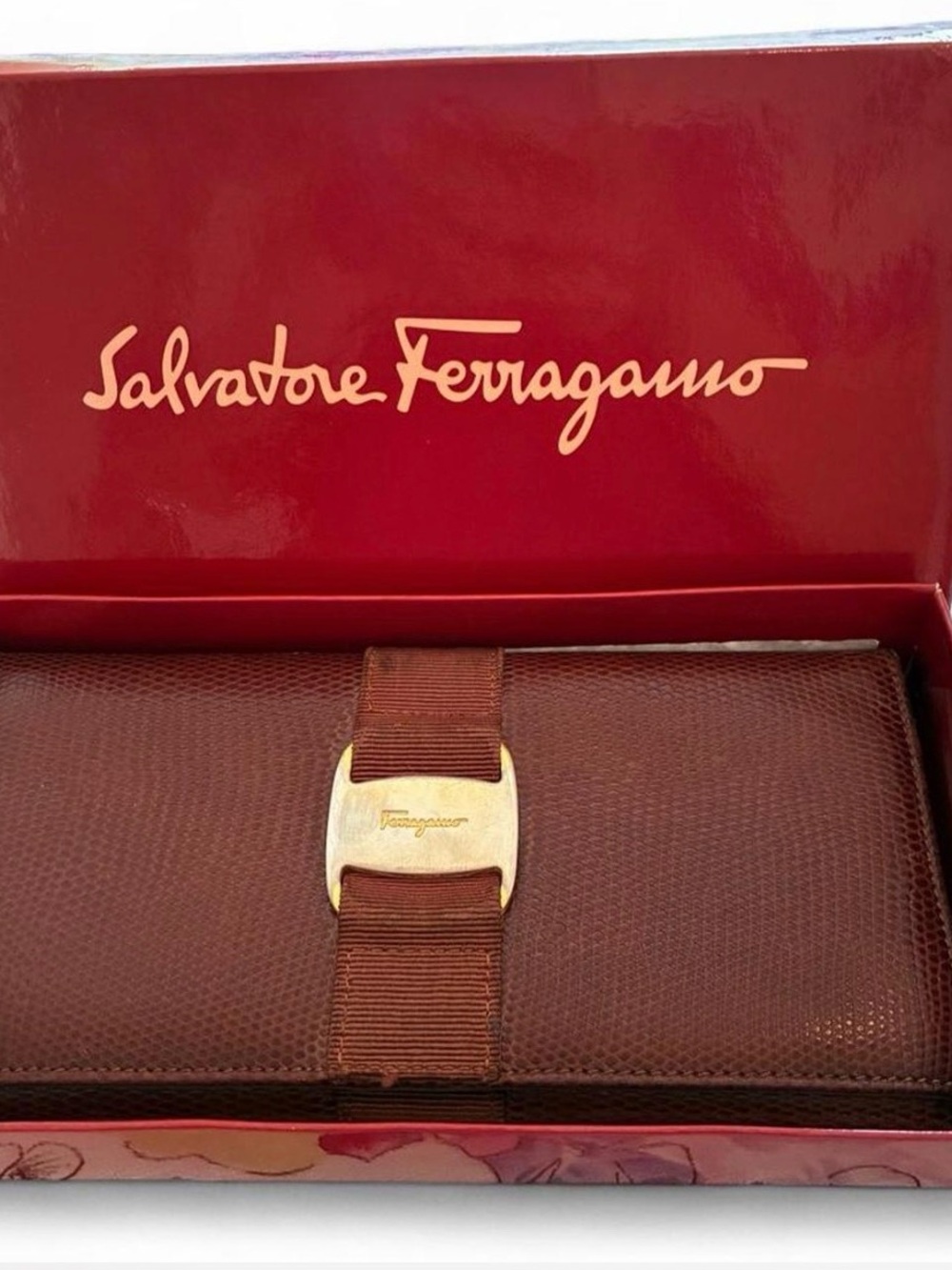 Vintage Salvatore Ferragamo Brown Leather Wallet with Gold Buckle Logo